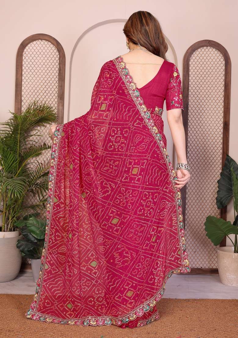Pink Georgette Saree Set with Printed for Diwali | Wedding & Festive Wear - Indya