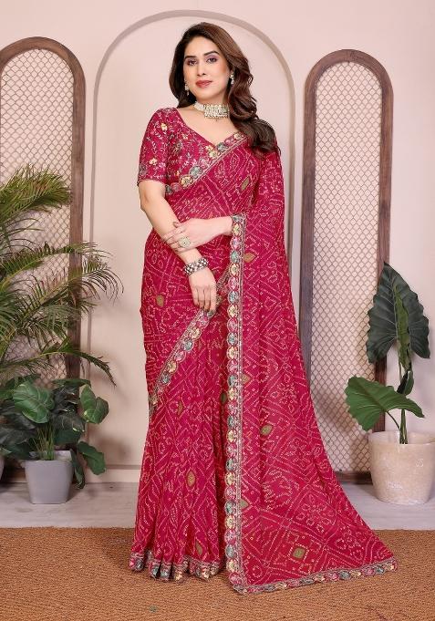 Pink Printed Georgette Saree Set