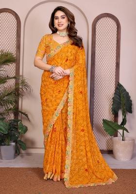 Yellow Printed Georgette Saree Set