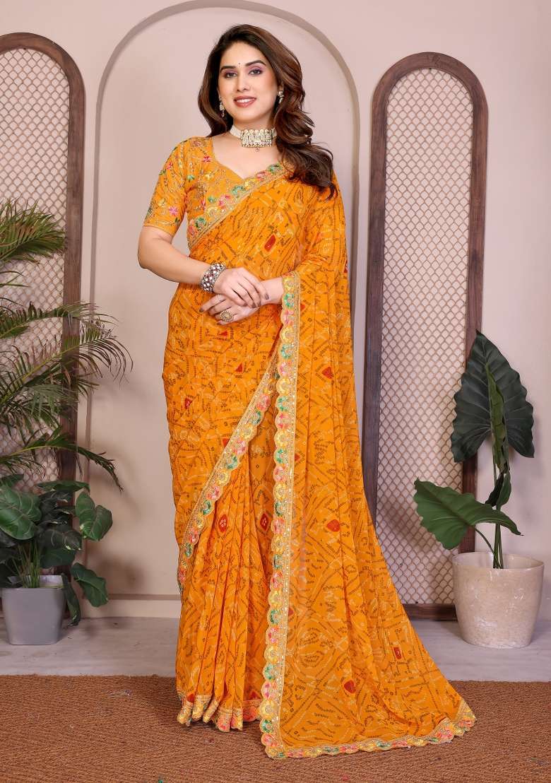 Yellow Printed Georgette Saree Set for Diwali and Festive Wear - Indya