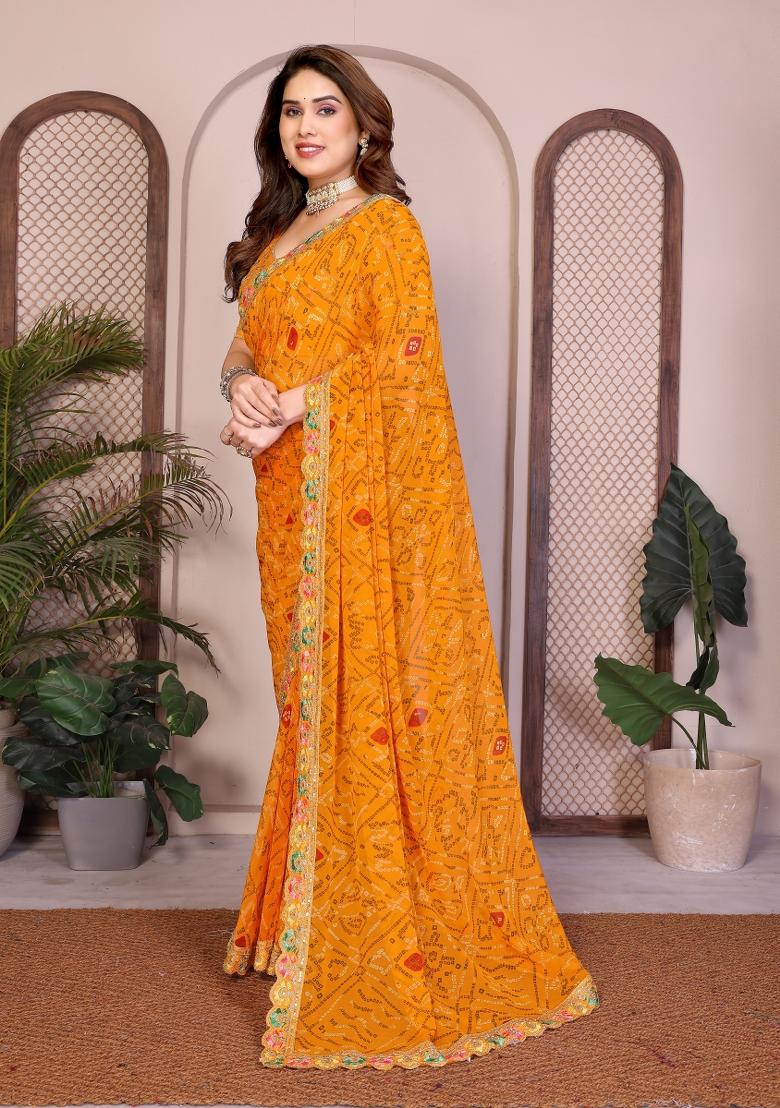 Yellow Printed Georgette Saree Set - Indya