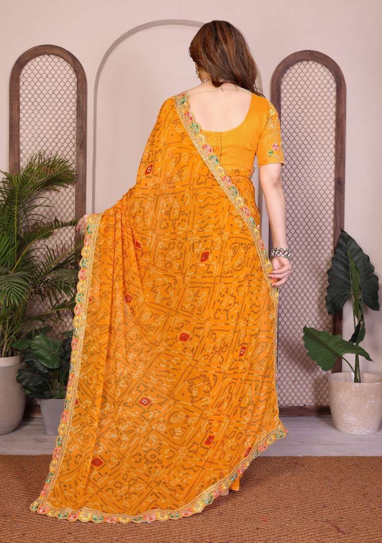 Yellow Printed Georgette Saree Set for Diwali and Festive Wear - Indya