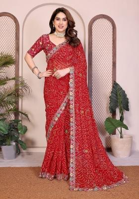 Red Printed Georgette Saree Set