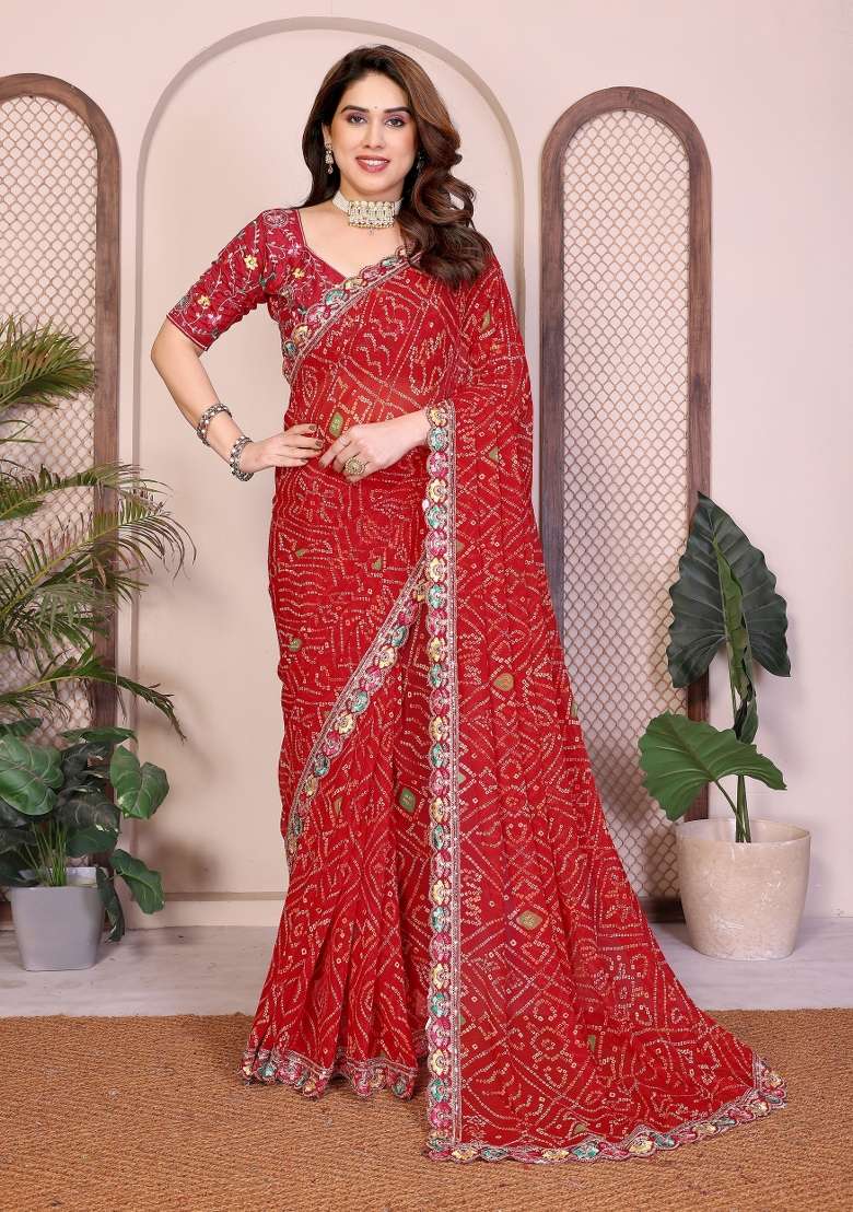 Red Printed Georgette Saree Set for Diwali and Festive Wear - Indya