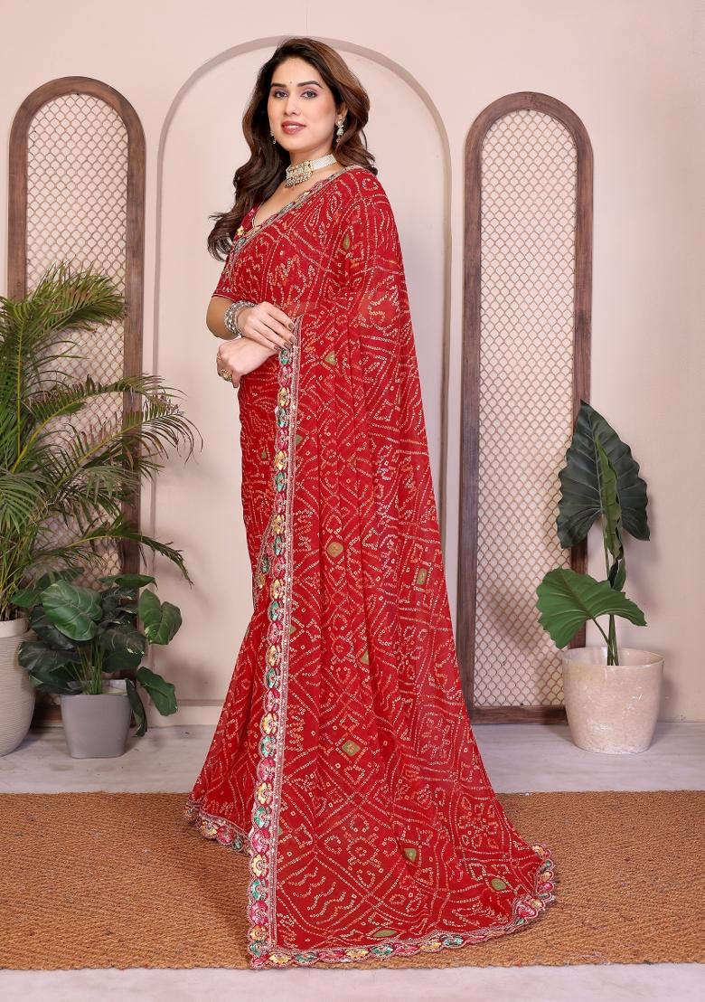 Red Printed Georgette Saree Set - Indya