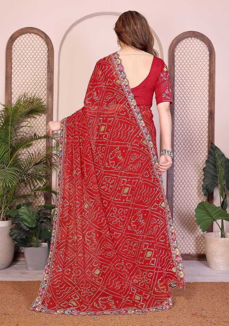 Red Printed Georgette Saree Set for Diwali and Festive Wear - Indya