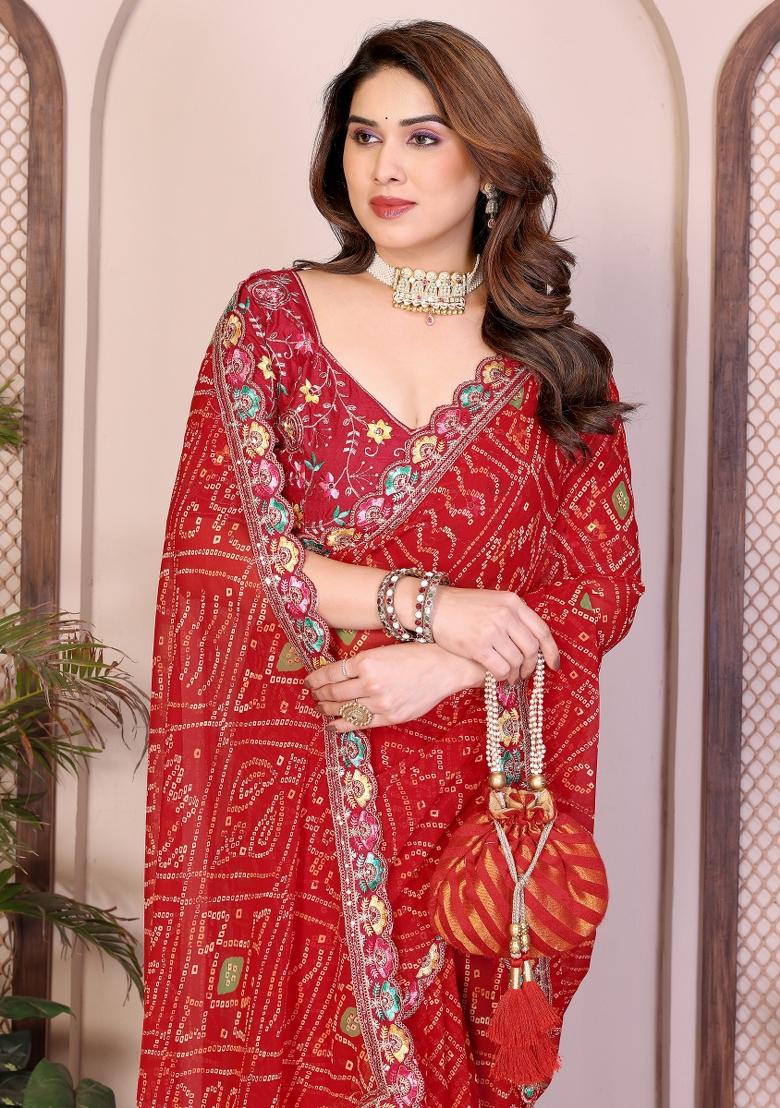 Red Printed Georgette Saree Set - Indya