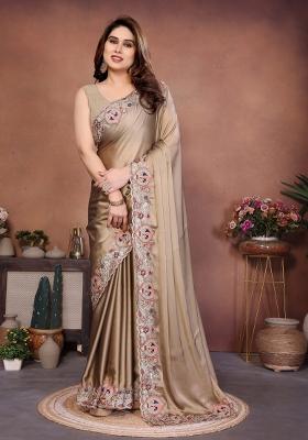 Golden Beige Embroidered Silk Saree Set