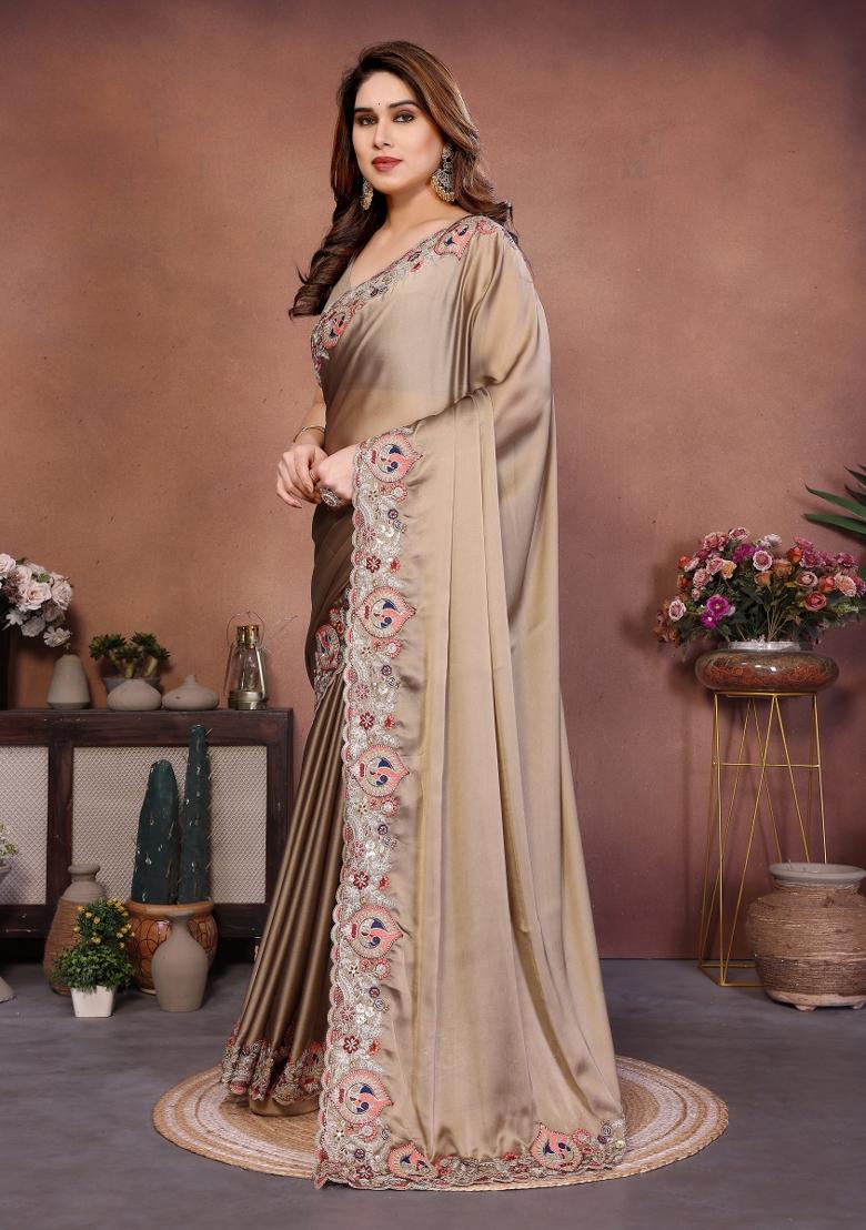 Golden Beige Embroidered Silk Saree Set - Indya