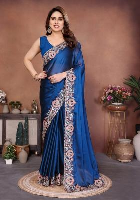 Teal Blue Embroidered Silk Saree Set