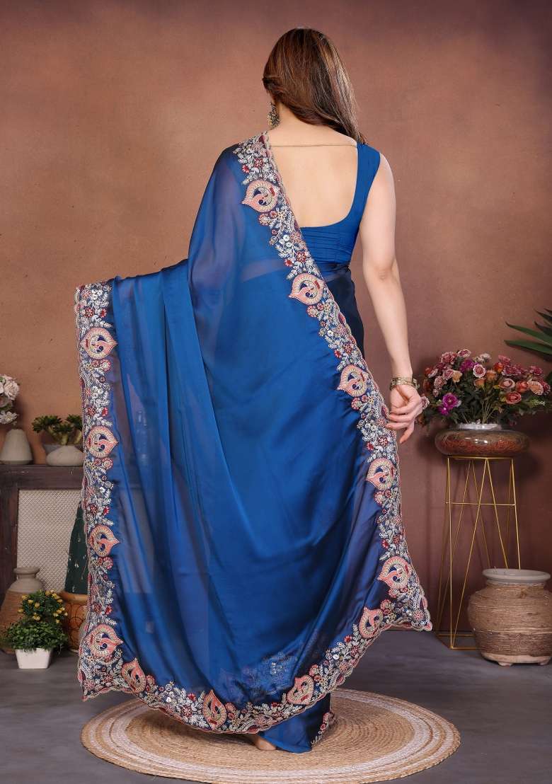 Teal Blue Silk Blend Saree Set with Embroidered for Diwali | Wedding & Festive Wear - Indya