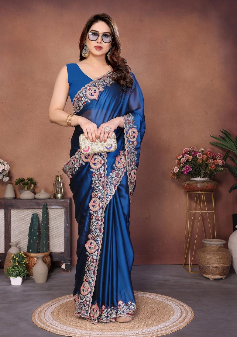 Teal Blue Embroidered Silk Saree Set - Indya