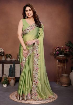 Lime Green Embroidered Silk Saree Set