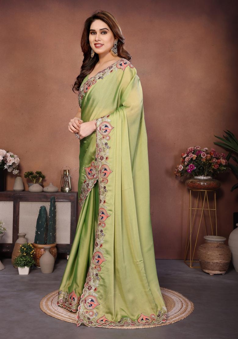 Lime Green Embroidered Silk Saree Set - Indya
