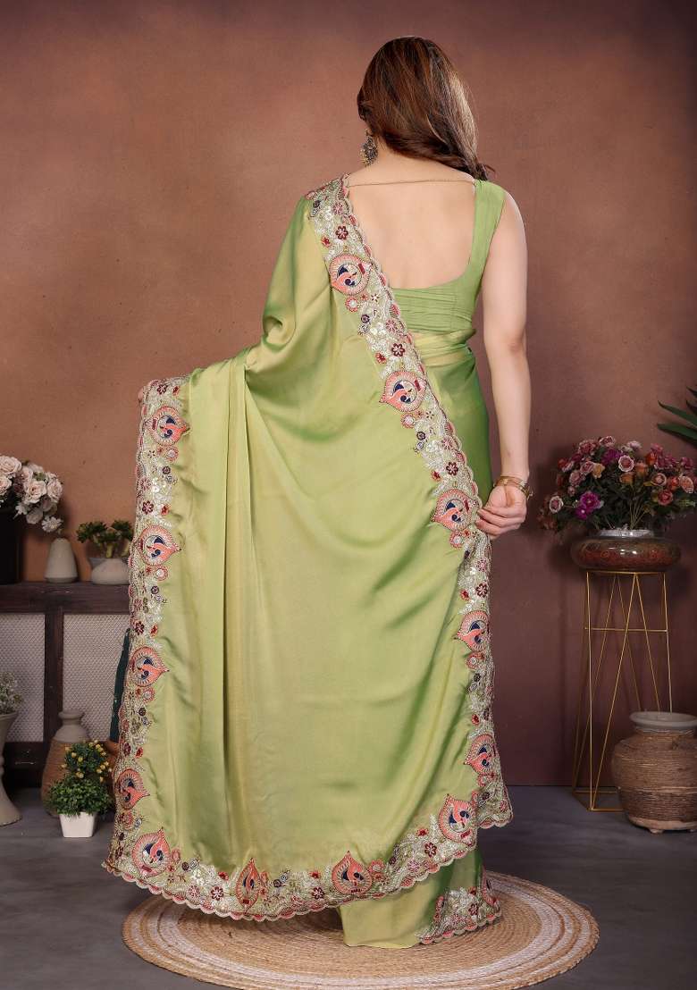 Lime Green Silk Blend Saree Set with Embroidered for Diwali | Wedding & Festive Wear - Indya