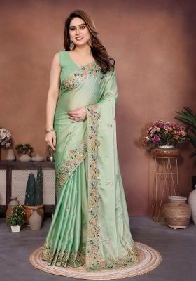 Pista Green Embroidered Chiffon Saree Set