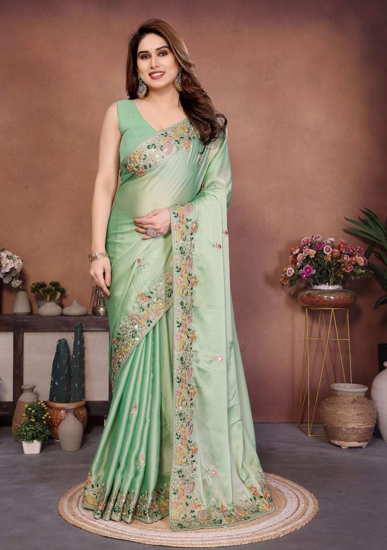 Pista Green Chiffon Saree Set with Embroidered for Diwali | Wedding & Festive Wear - Indya