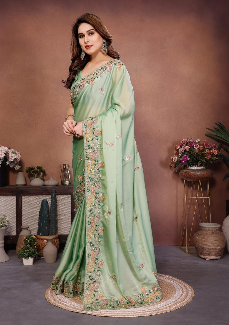 Pista Green Embroidered Chiffon Saree Set - Indya