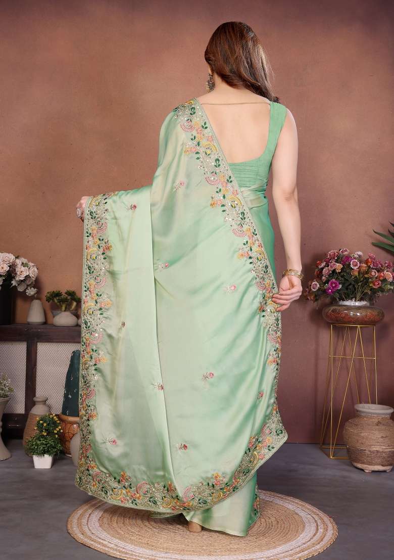 Pista Green Chiffon Saree Set with Embroidered for Diwali | Wedding & Festive Wear - Indya