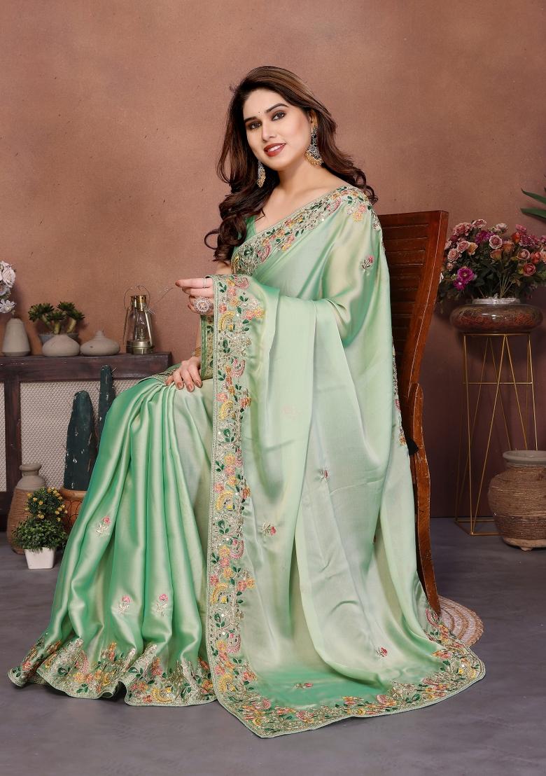 Pista Green Embroidered Chiffon Saree Set - Indya