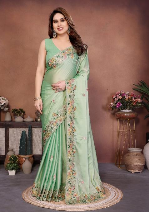 Pista Green Embroidered Chiffon Saree Set