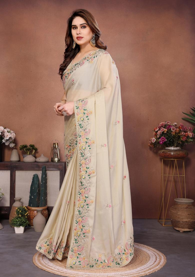 Cream Embroidered Chiffon Saree Set - Indya