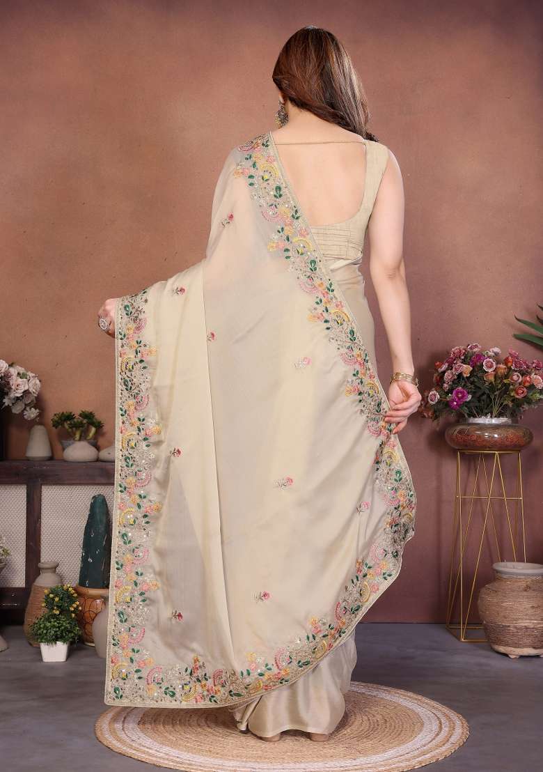 Cream Embroidered Chiffon Saree Set for Diwali and Festive Wear - Indya