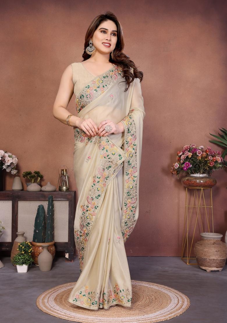 Cream Embroidered Chiffon Saree Set - Indya