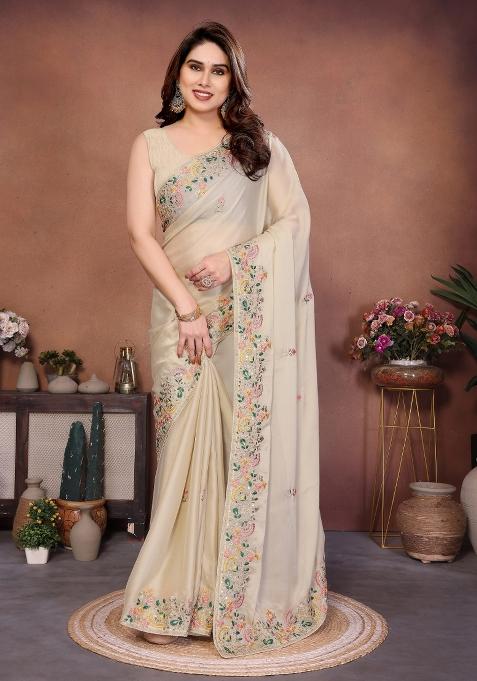 Cream Embroidered Chiffon Saree Set