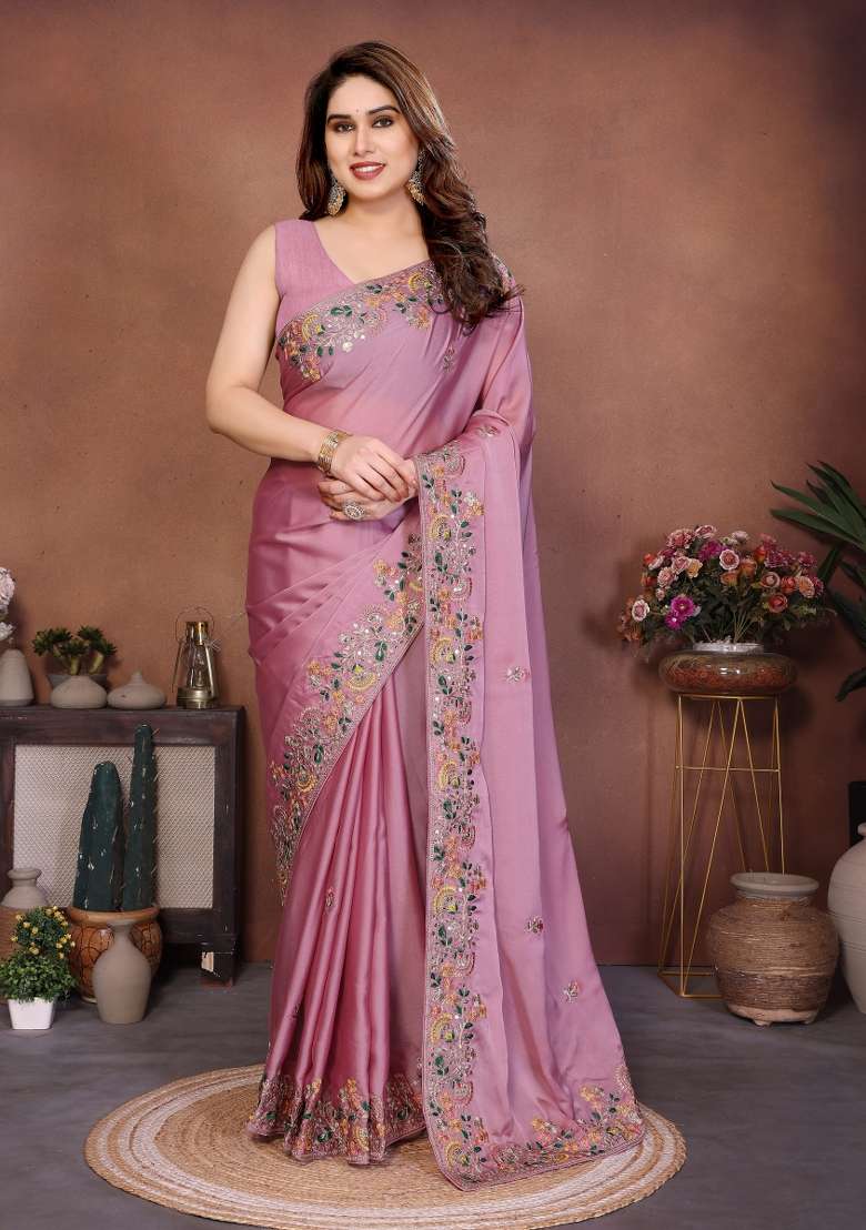 Dusty Pink Embroidered Chiffon Saree Set for Diwali and Festive Wear - Indya