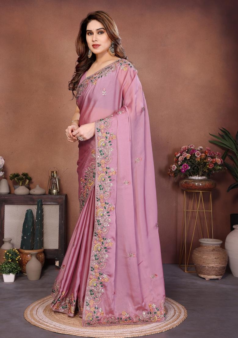 Dusty Pink Embroidered Chiffon Saree Set - Indya