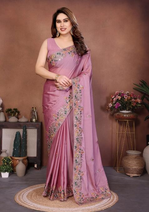 Dusty Pink Embroidered Chiffon Saree Set