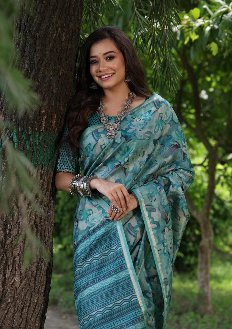 Multicolor Printed Silk Saree Set - Indya