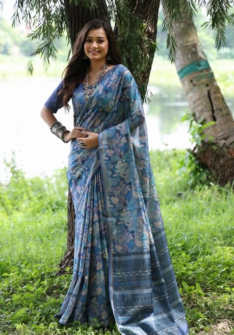 Multicolor Printed Silk Saree Set