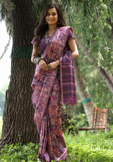 Multicolor Printed Silk Saree Set