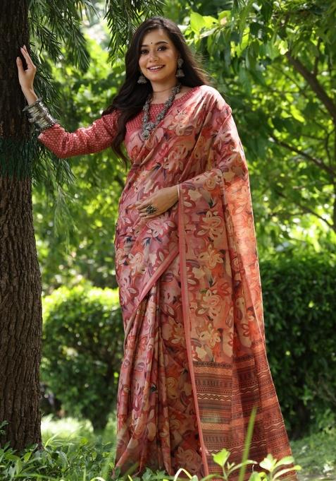 Multicolor Printed Silk Saree Set