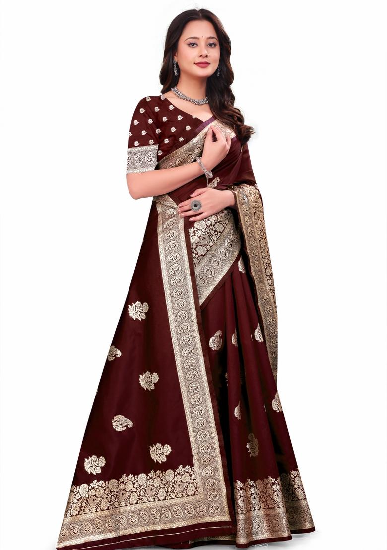 Maroon Jacquard Work Silk Saree Set - Indya