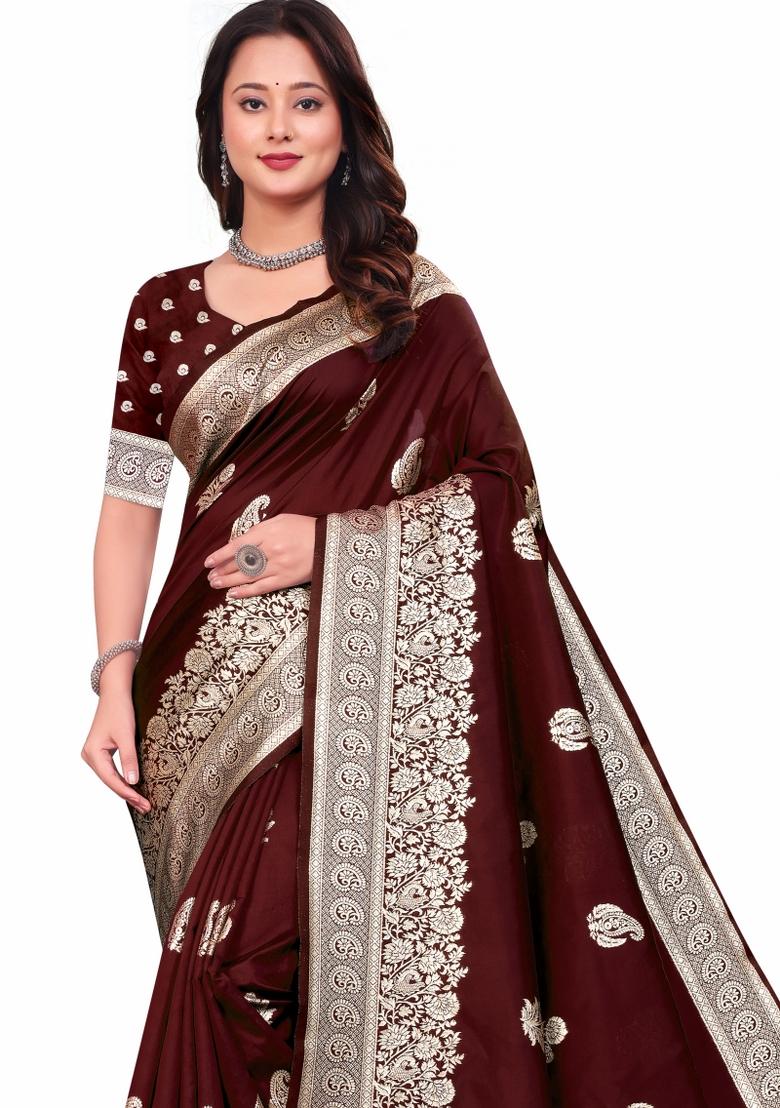 Maroon Jacquard Work Silk Saree Set - Indya
