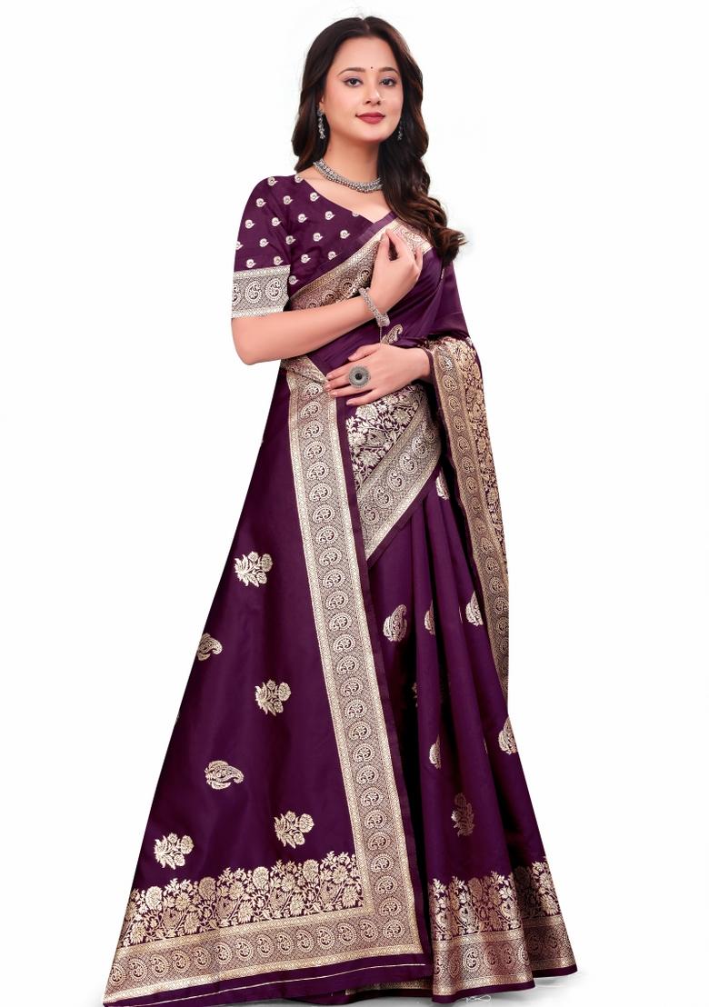 Wine Jacquard Work Silk Saree Set - Indya
