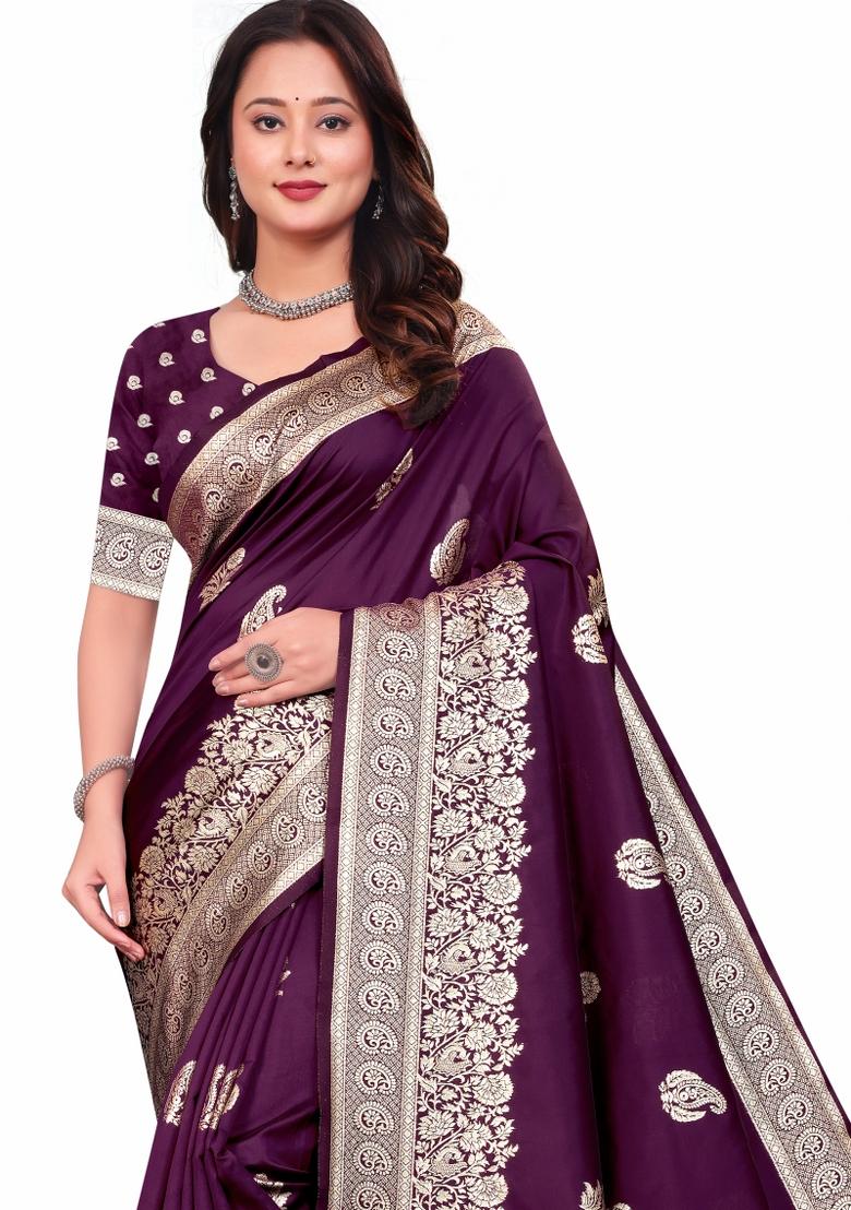 Wine Jacquard Work Silk Saree Set - Indya