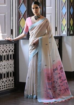 Cream And Pink Weaving Work Cotton Saree Set