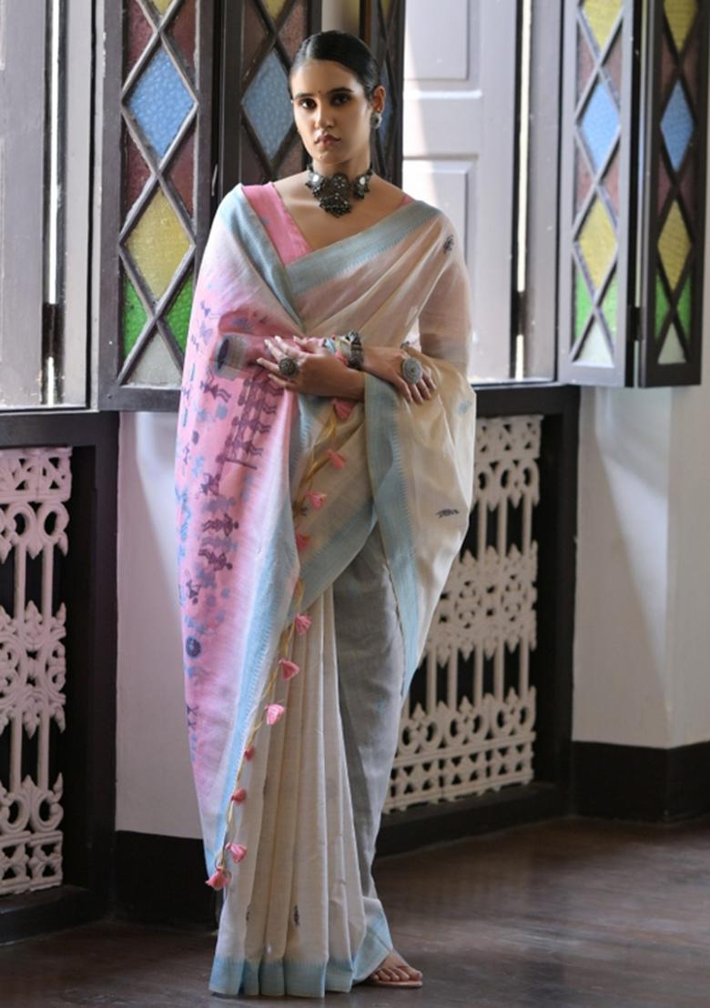 Cream And Pink Weaving Work Cotton Saree Set - Indya