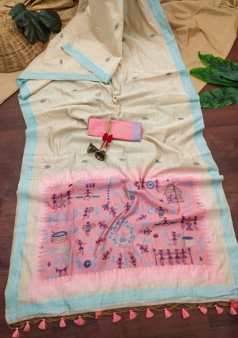 Cream And Pink Weaving Work Cotton Saree Set - Indya