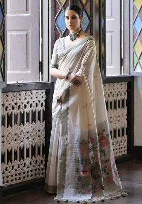 Cream And Grey Weaving Work Cotton Saree Set