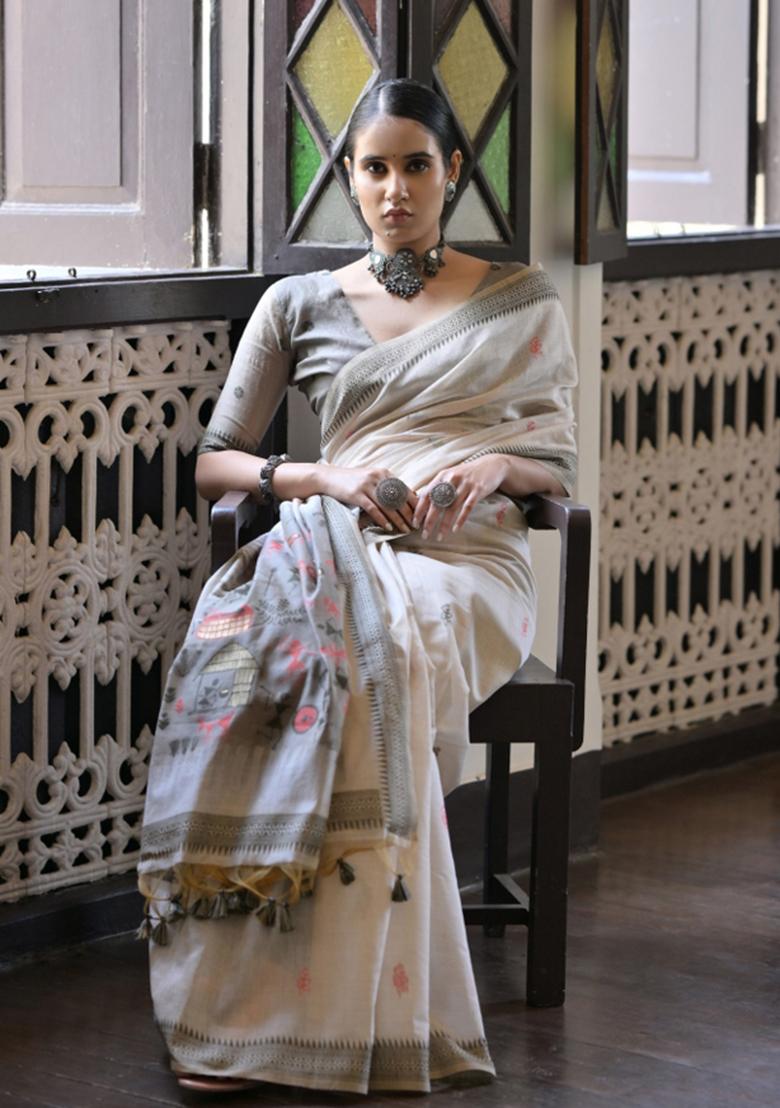 Cream And Grey Weaving Work Cotton Saree Set - Indya