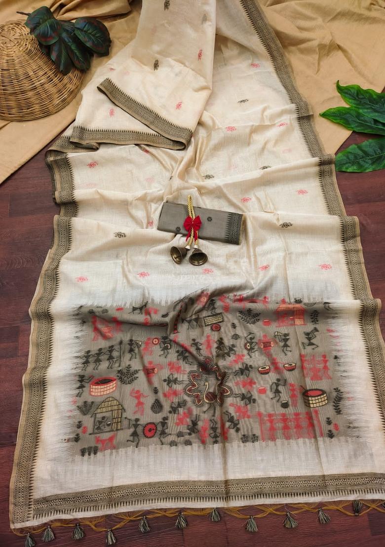 Cream And Grey Weaving Work Cotton Saree Set - Indya