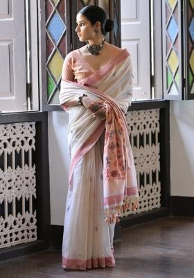 Cream And Peach Weaving Work Cotton Saree Set