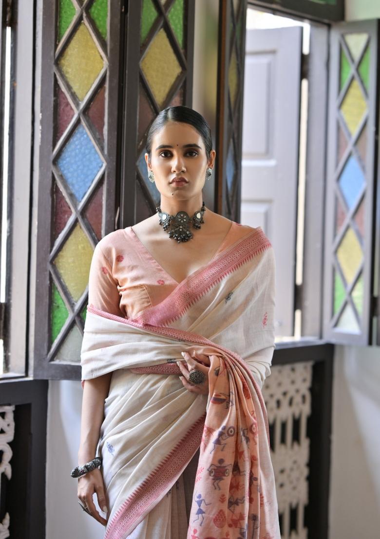 Cream And Peach Weaving Work Cotton Saree Set - Indya