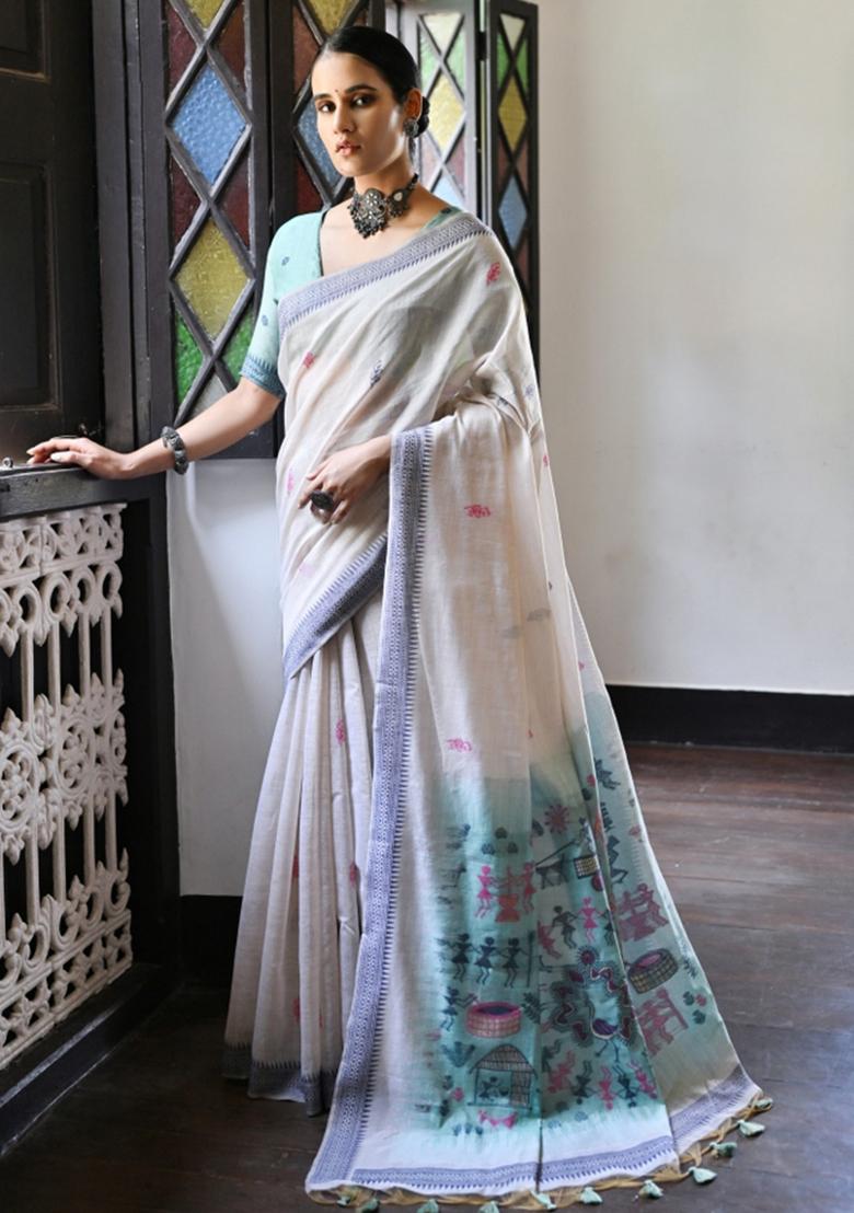 Cream And Blue Weaving Work Cotton Saree Set - Indya