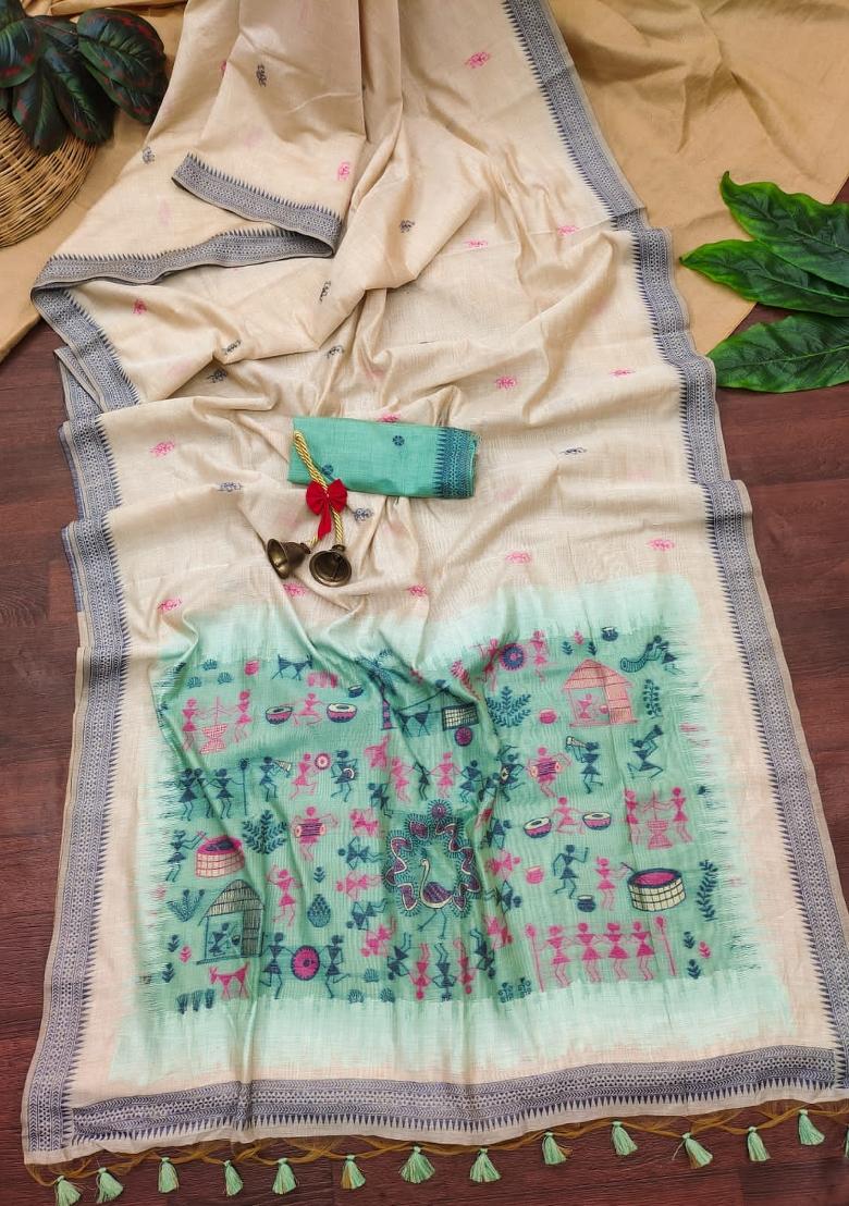 Cream And Blue Weaving Work Cotton Saree Set - Indya